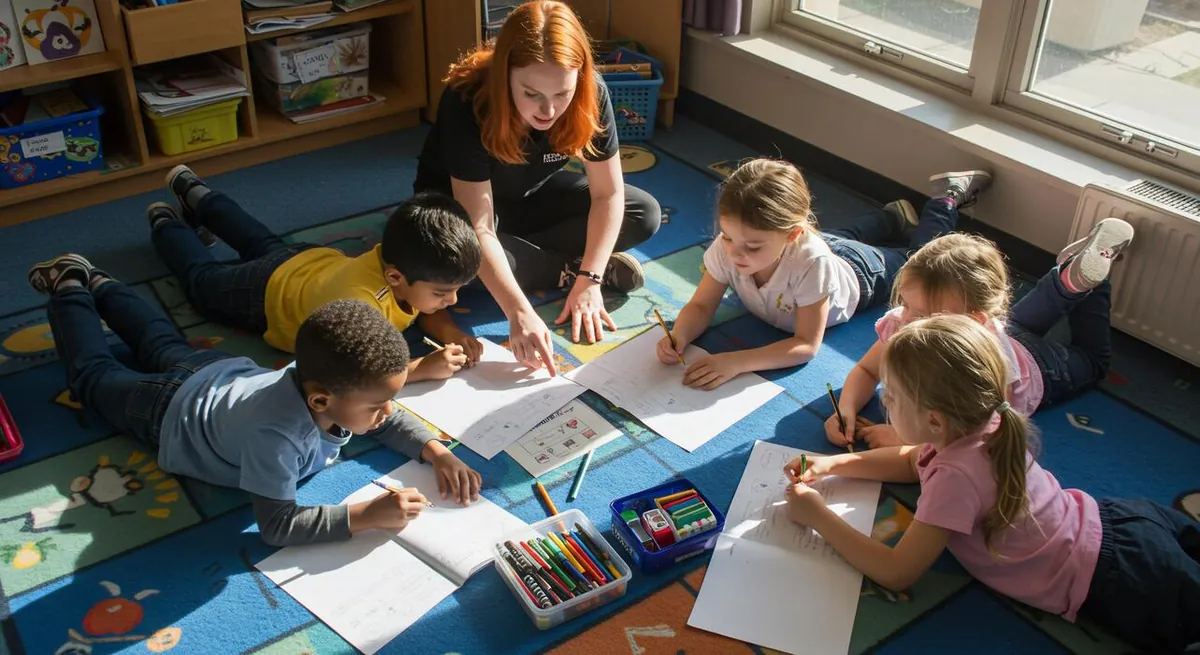 Une éducatrice guide des enfants pendant une activité de dessin